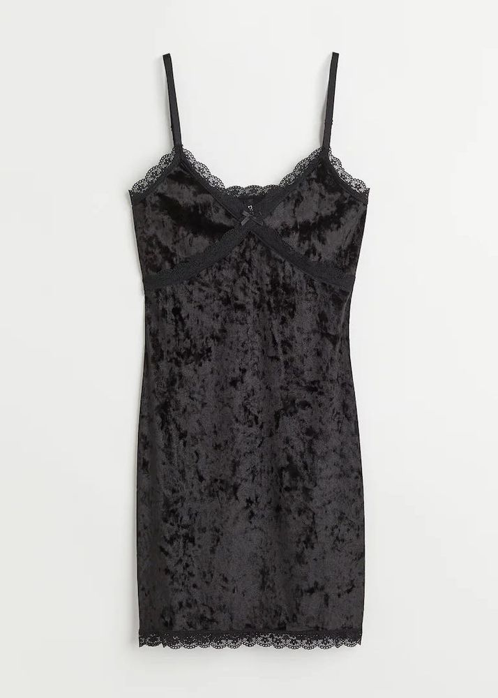 H &amp;M Black Velvet Lace Trim Dress