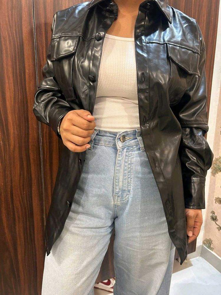 Faux Leather Button-Down Shirt