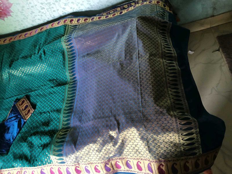 Embellished Blue Color Banarasi Silk Saree+Blouse
