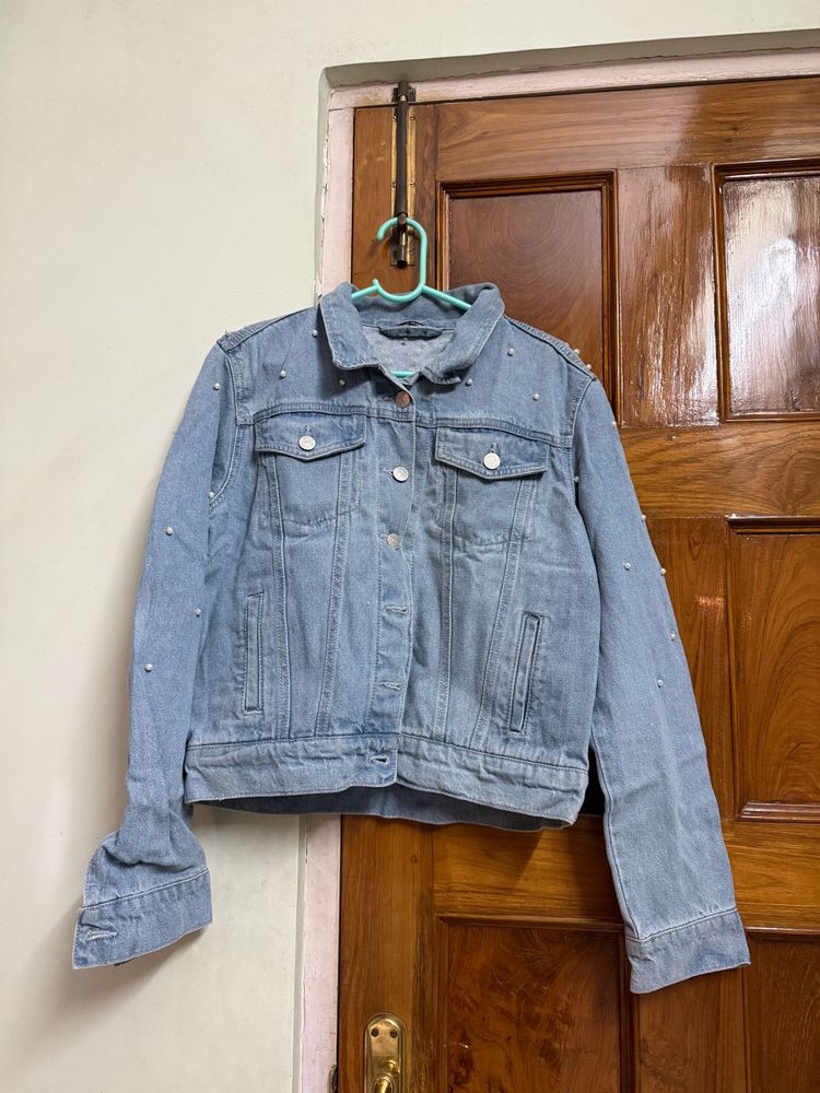 Denim Jacket with Pearl Details
