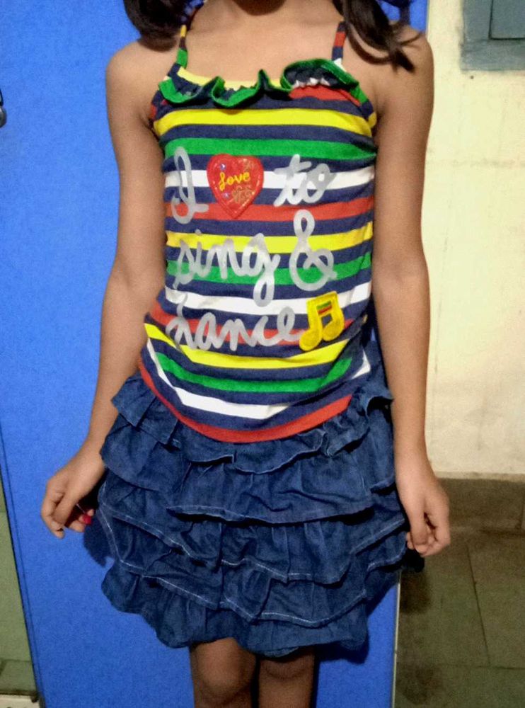 Girls&#39; Striped Top &amp; Denim Ruffle Skirt Set