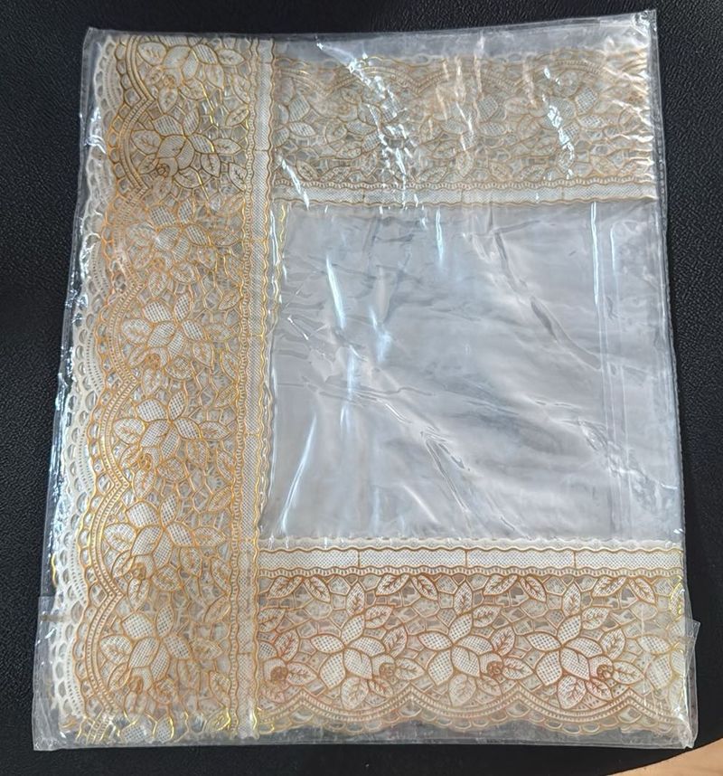 PVC TABLE. OVER Gold Floral Lace Trim Fabric