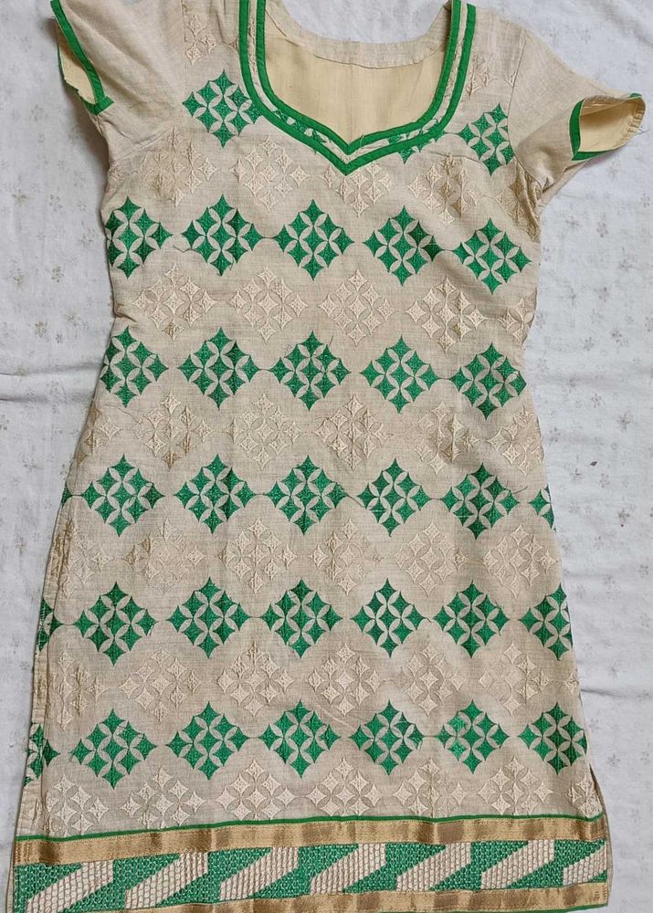 Cream And Green Salwar Suit Set