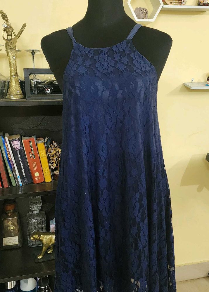 Navy Blue Lace Halter Dress