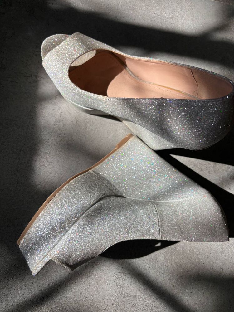 Sparkly Silver Wedge Heels
