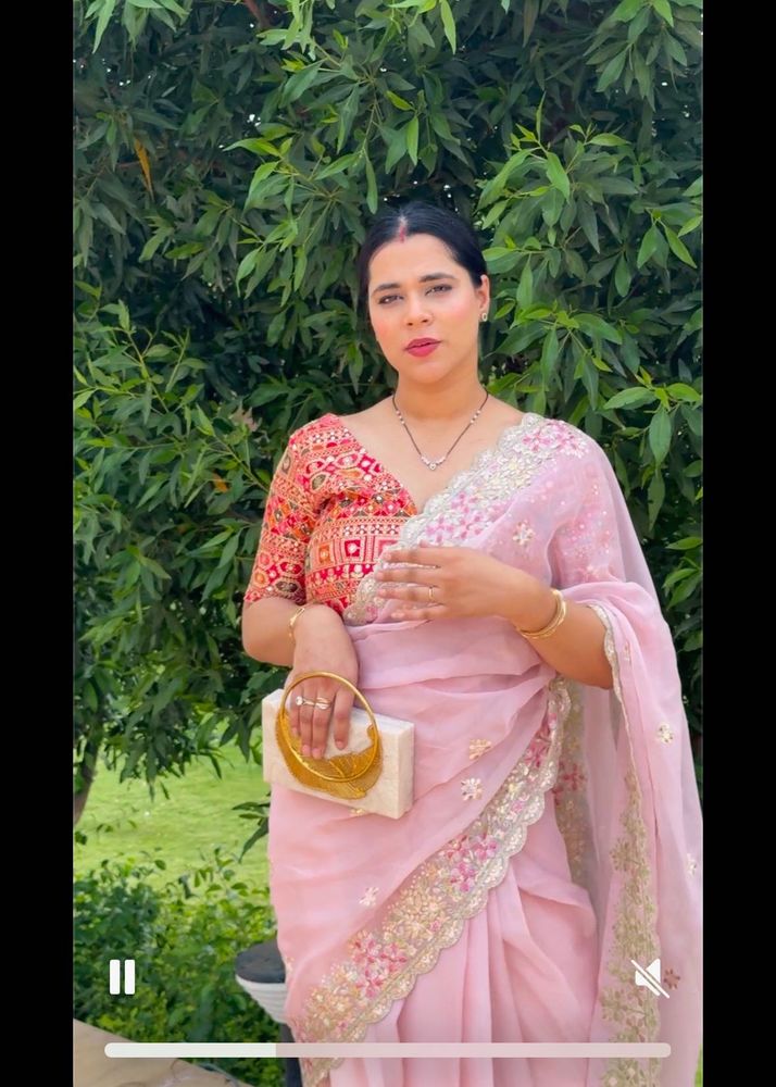 Organze Baby Pink Saree With Rani Blouse