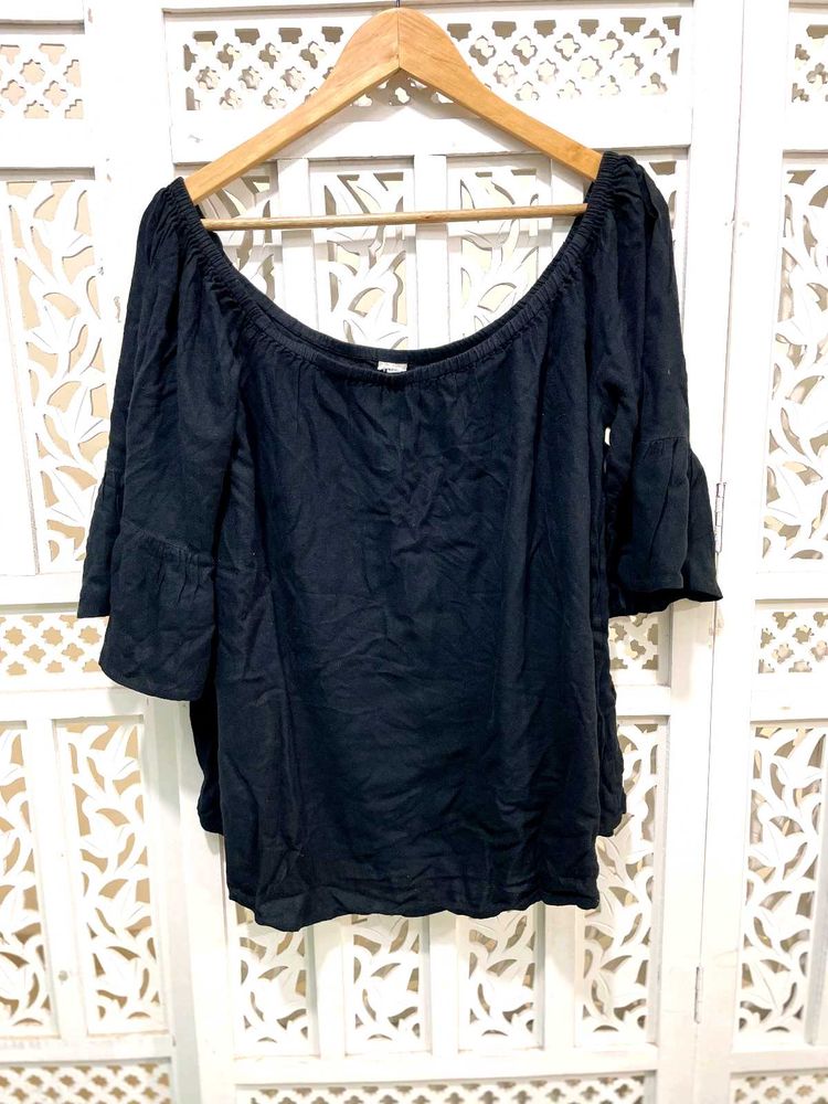 Black Off Should Cotton Blouse With Flared C