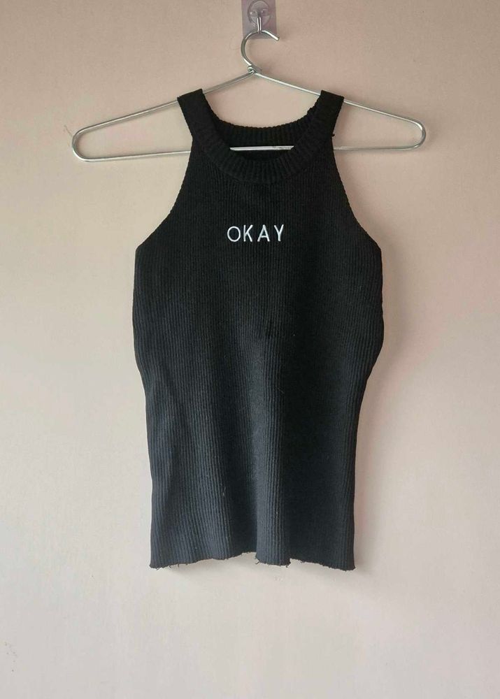 Black Solid Ribbed Top