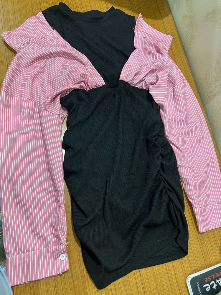 pink off shoulder black dress