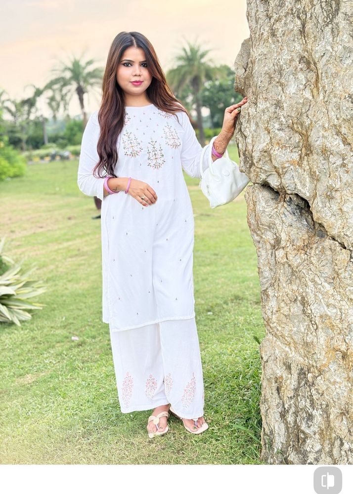 White Embroidered Kurta Palazzo Set