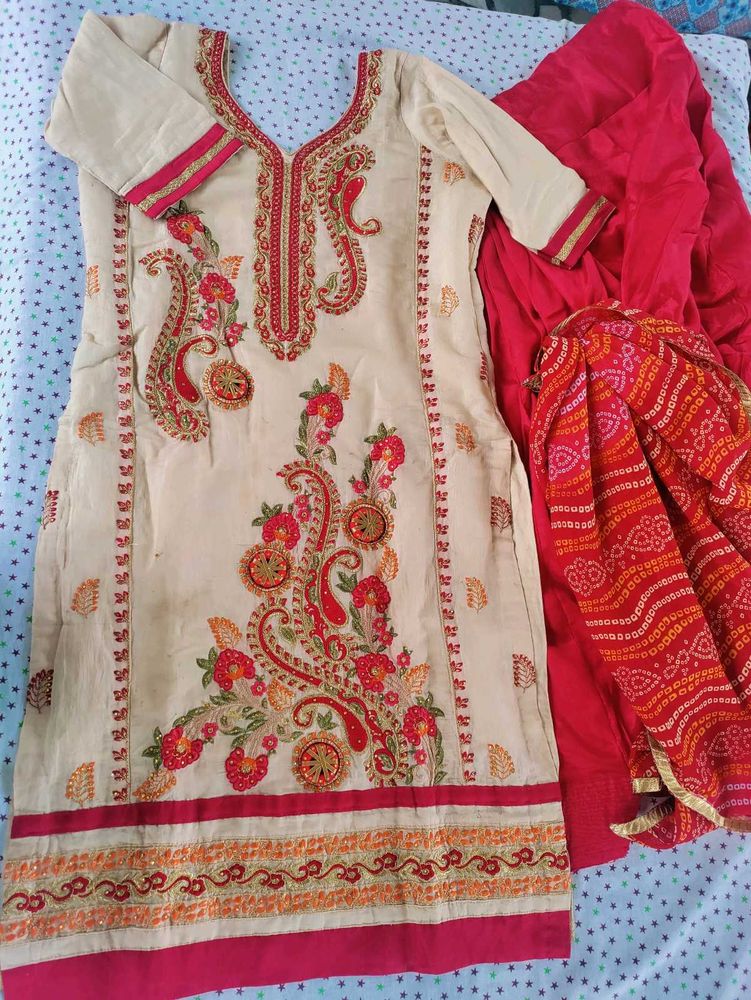 Elegant Beige &amp; Red Embroidered Suit