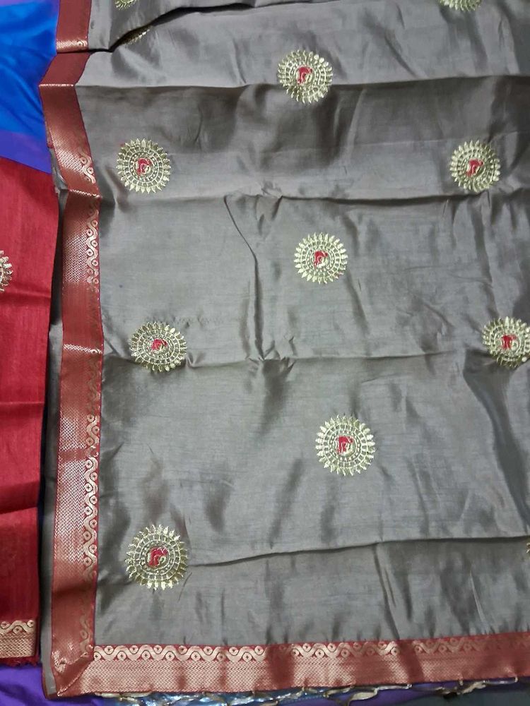 BrandNew Biege TussarSari with Red&amp;Gold Embroidery