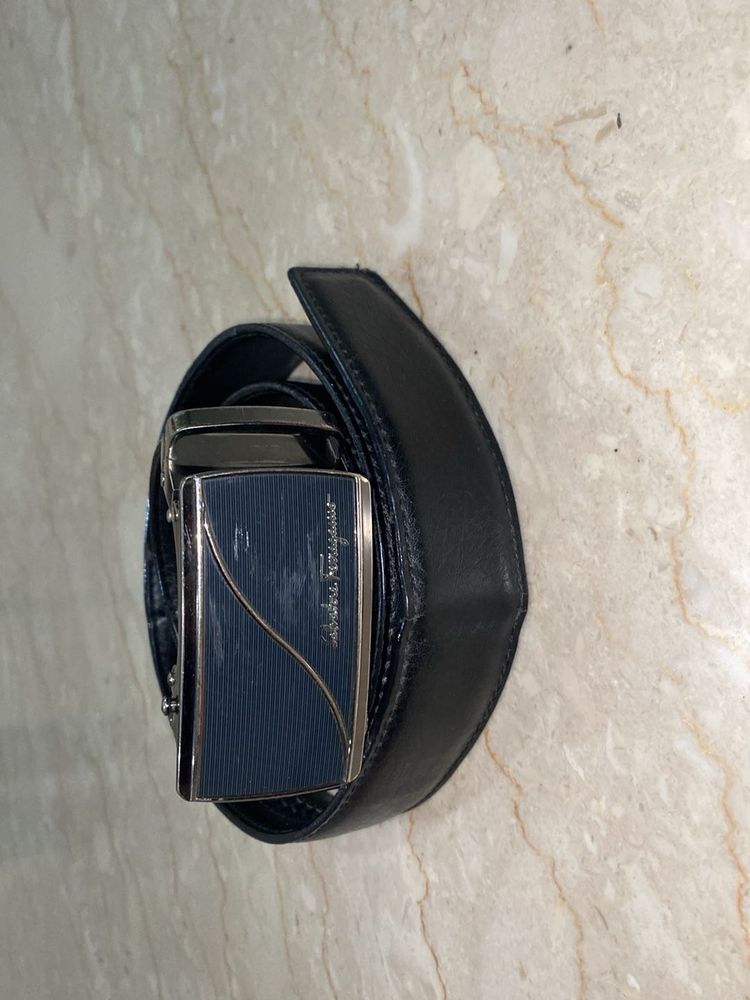 Black Leather Belt- Blue Ferragamo Buckle