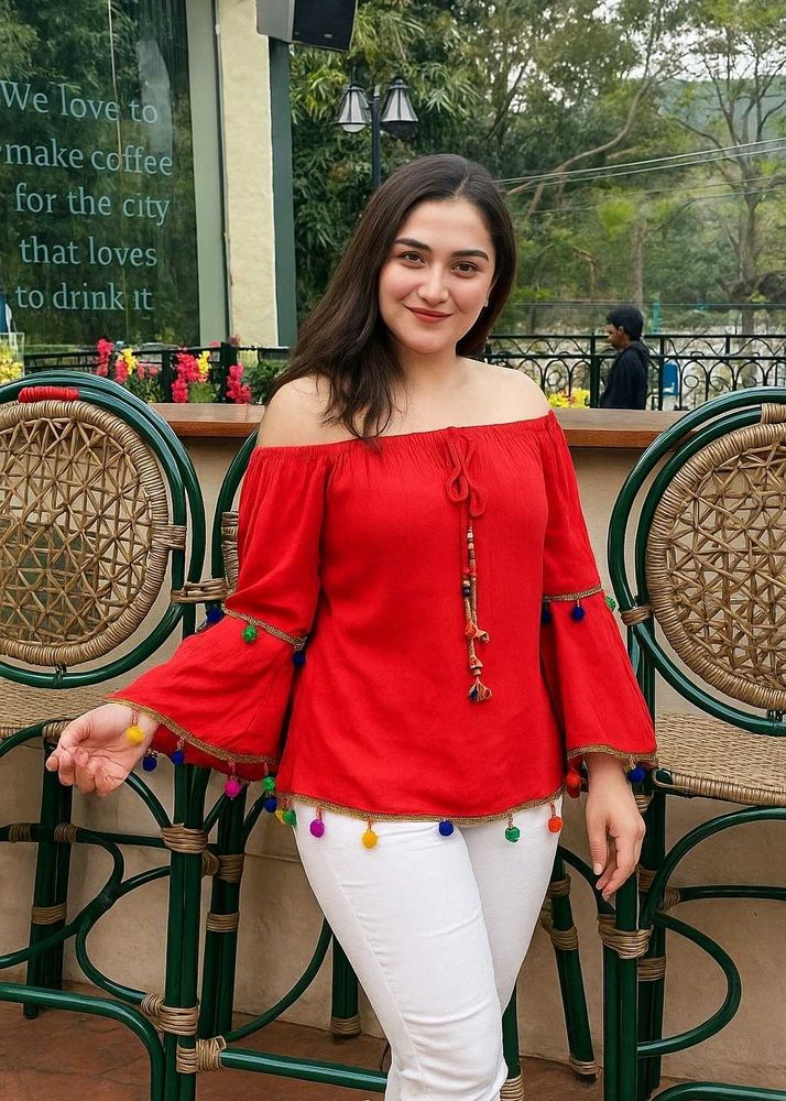 Red Tunic Top with Colorful Pom-Pom Trim💗