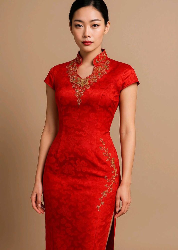 Elegant Red Embroidered Cheongsam Dress