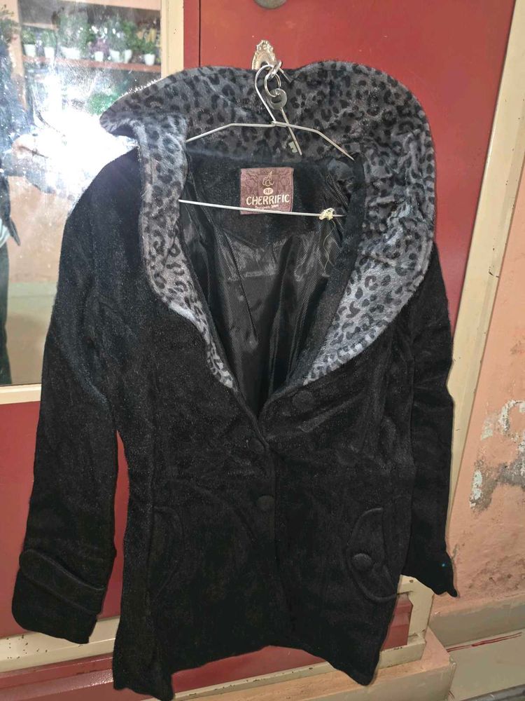 Cherrific Black Velvet Leopard Print Coat