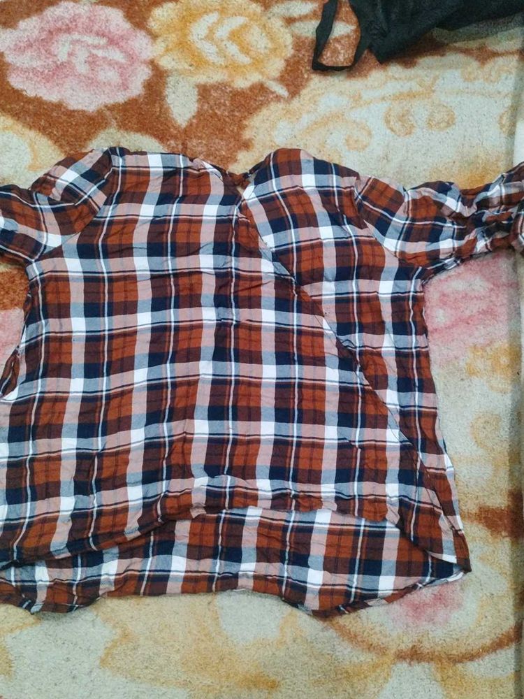 Brown &amp; Navy Plaid Wrap Top