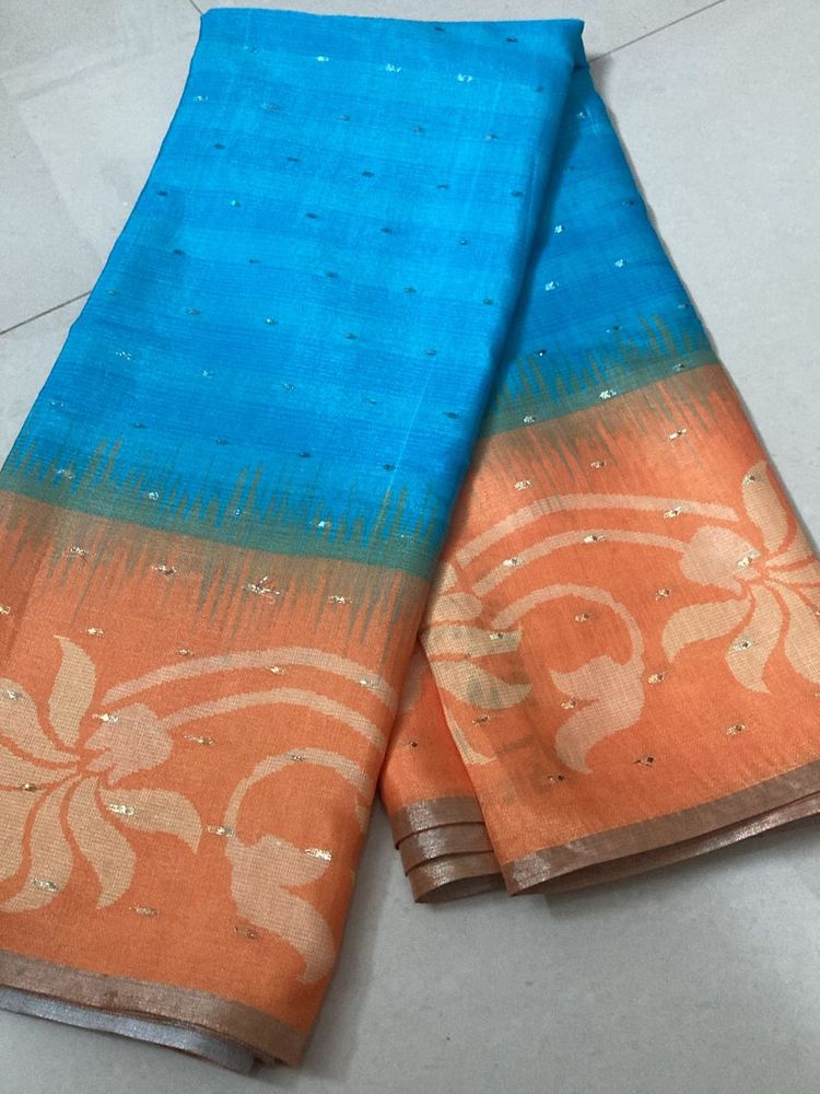 New Sea Blue And Mango Yellow Saree For Grabs