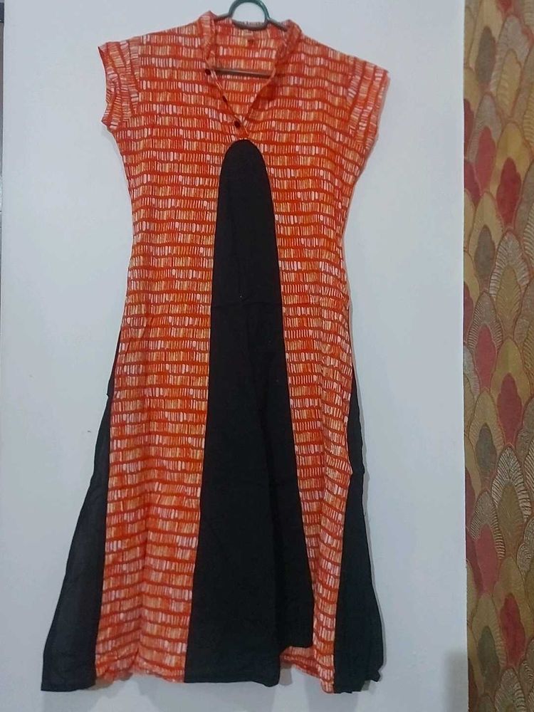 Orange And Black Cotton A Line Kurta