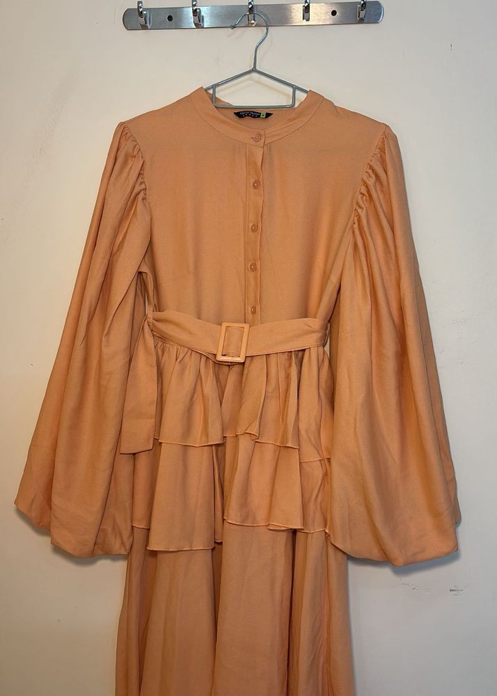 Peach Ruffle Detail Midi Dress