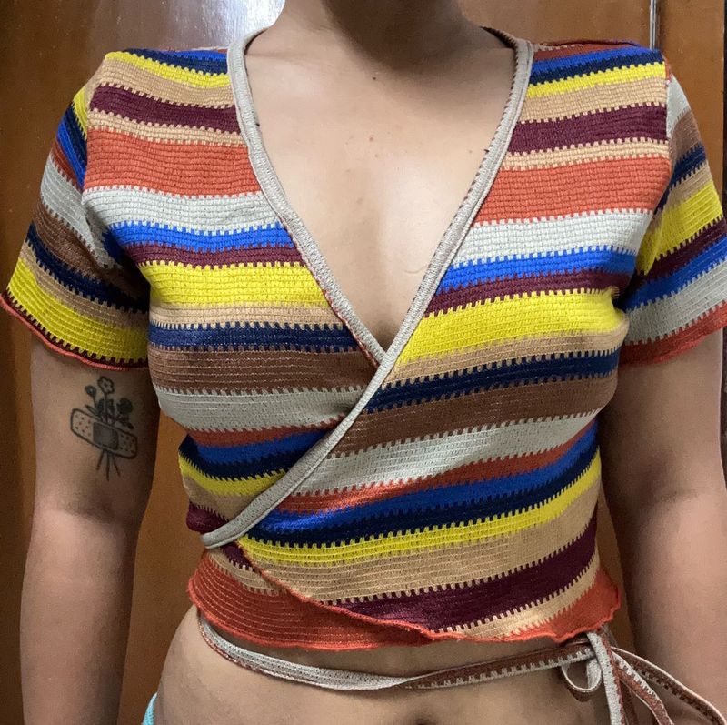 Striped Crochet Wrap Top