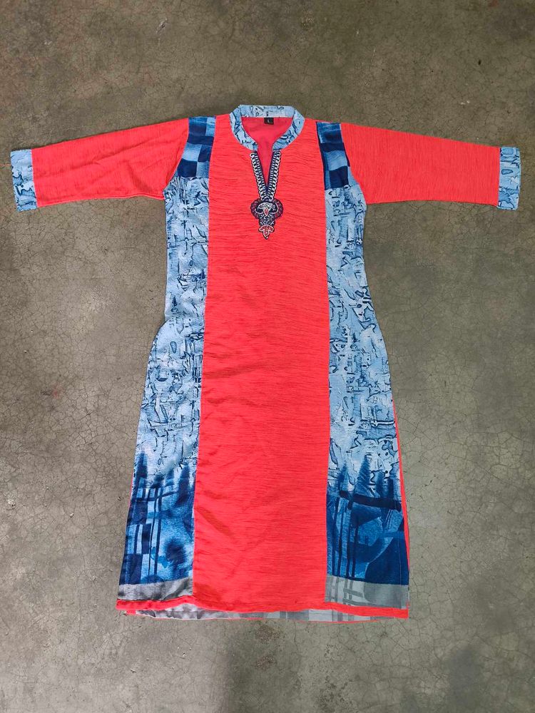 Elegant Red &amp; Blue Printed Kurti with Embroidered