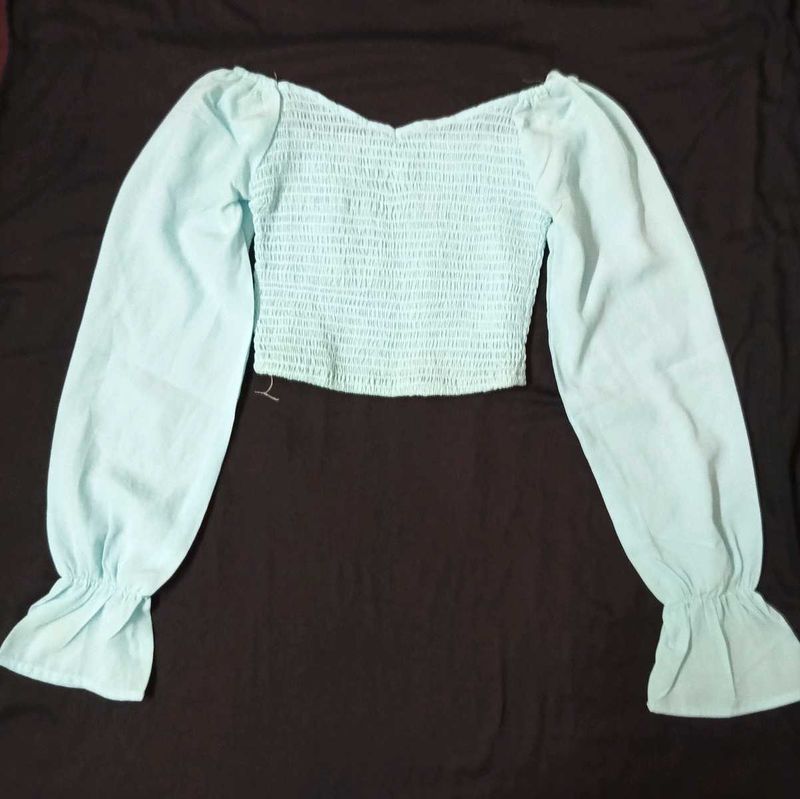 Blue Smocked Crop Top