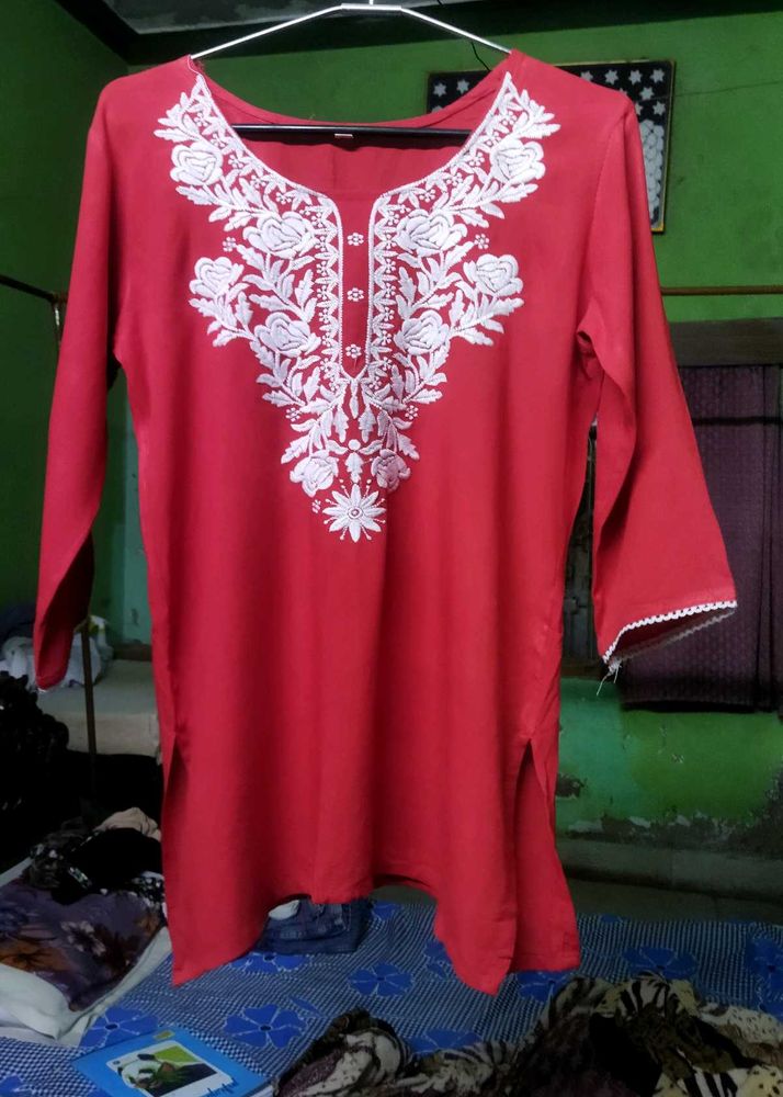 Red Embroidered Short Kurti