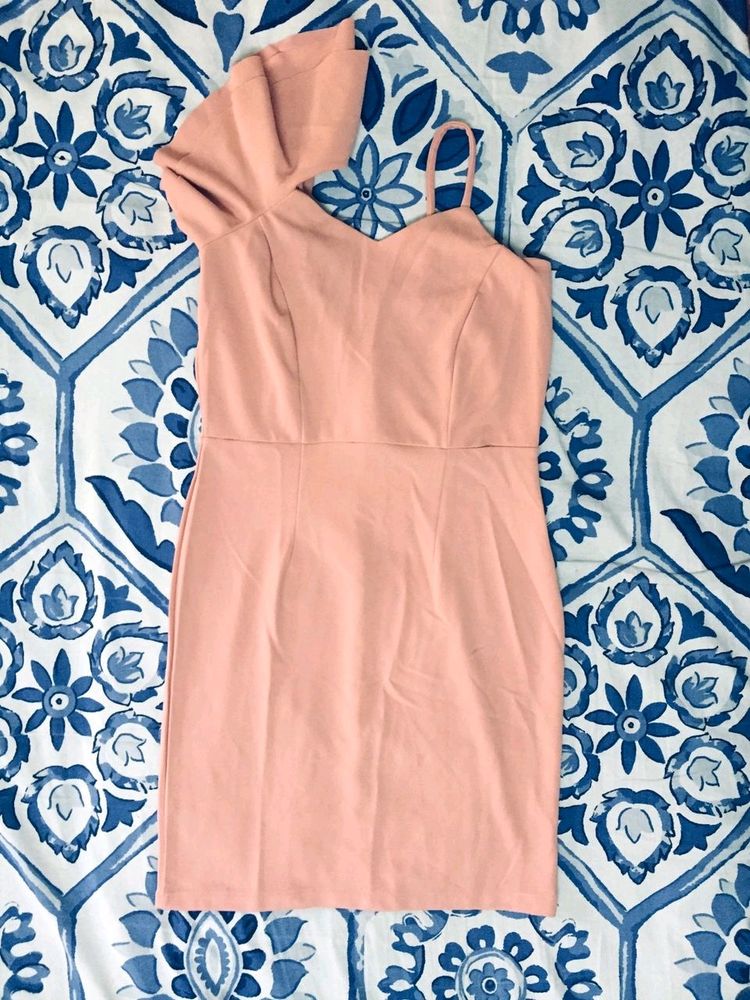 AJIO peach one shoulder off party dress