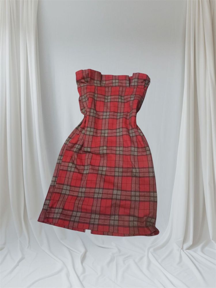 Red Plaid Strapless Dress
