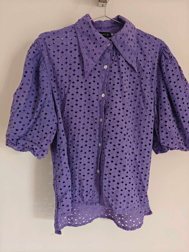 Zara Purple Eyelet Puff Sleeve Shirt