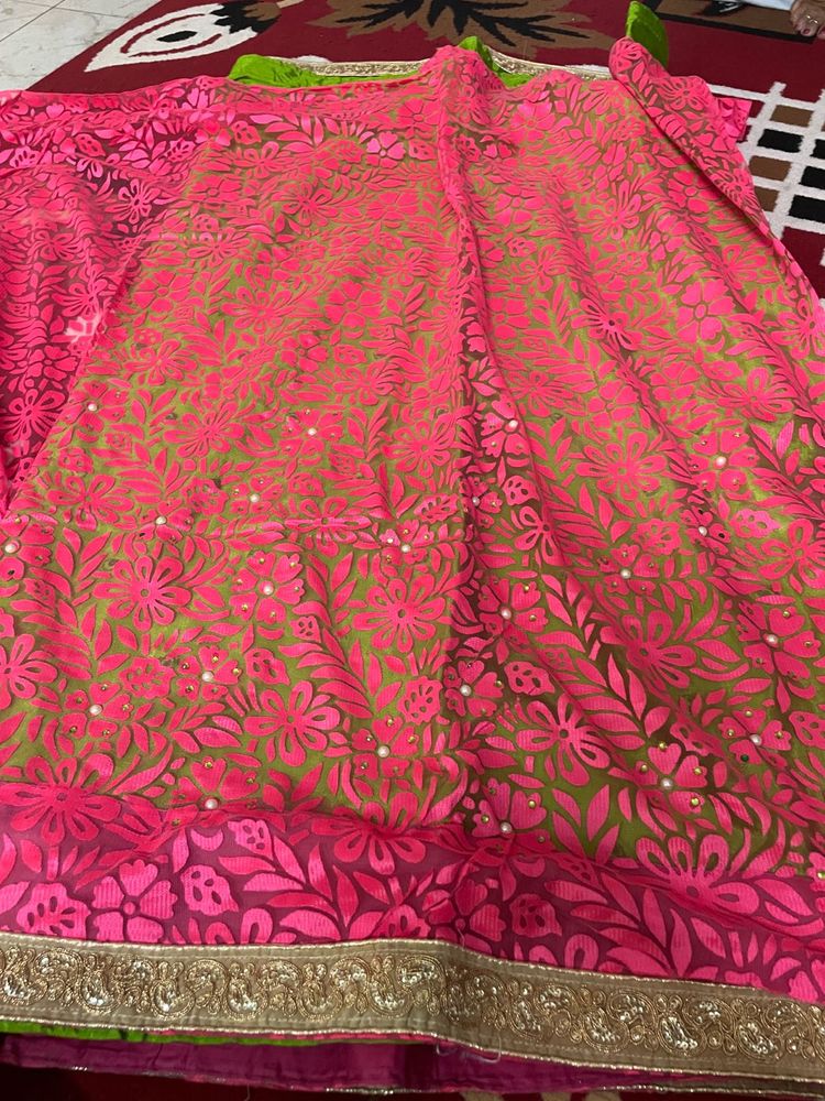 Elegant Lime Green Saree with Golden Embroidered B
