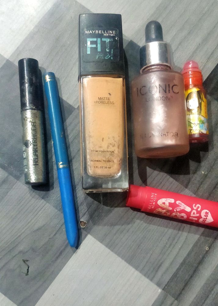 🤩Maybelline Fit Me Foundation, Hilary Rhoda Glitter Eye Liner, Iconic London Pink Illuminator