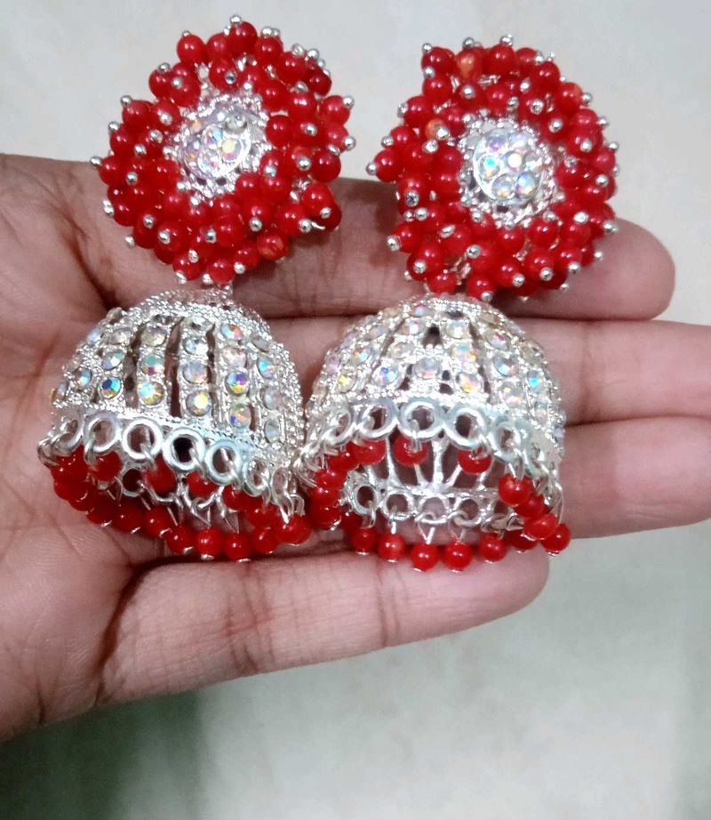 Red &amp; White Jhumka Earrings