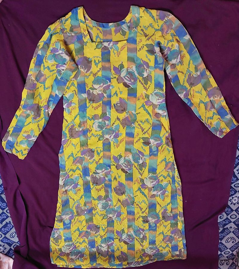 Yellow Multicolored Flower Printed Kurti