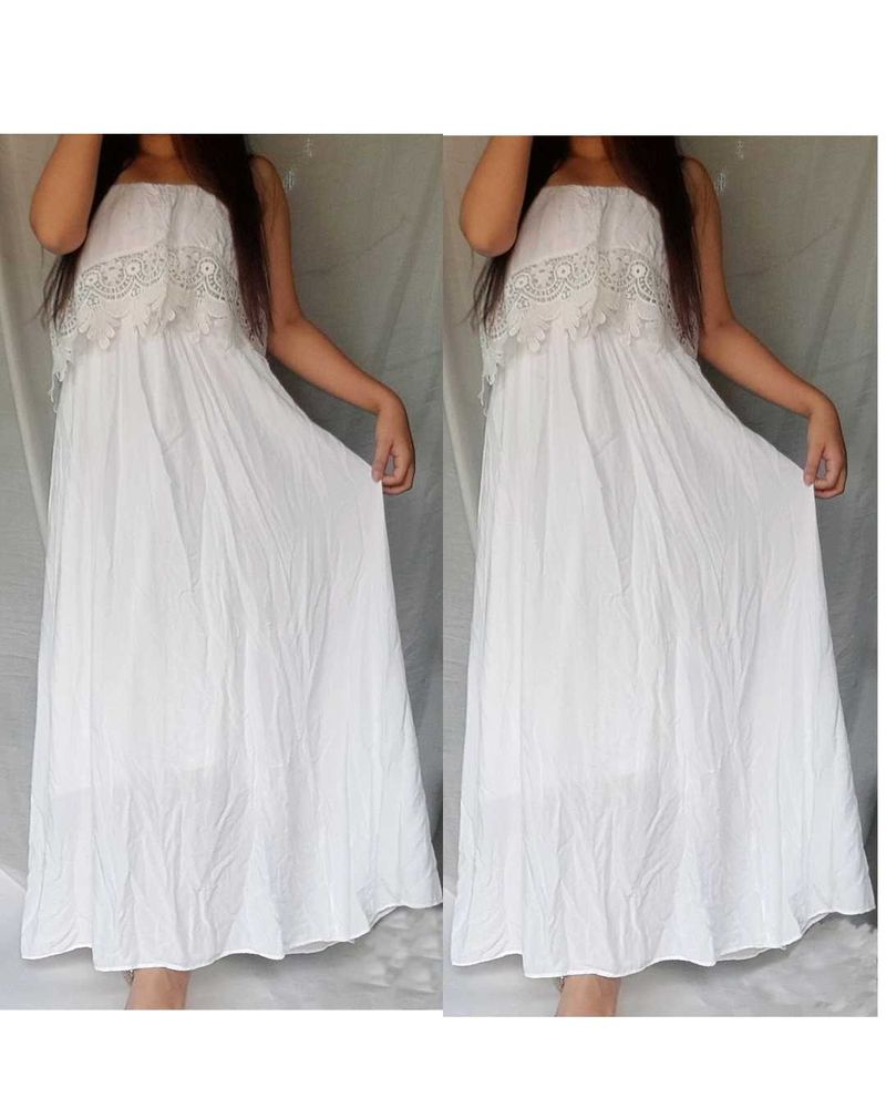 White Lace Strapless Maxi Dress