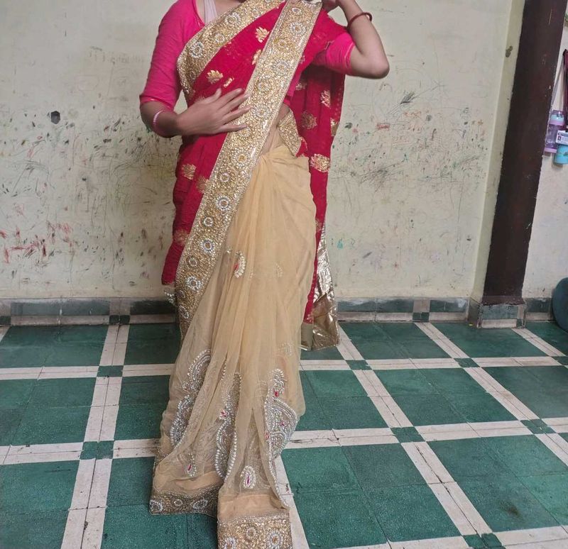 Elegant Red &amp; Gold white net Saree
