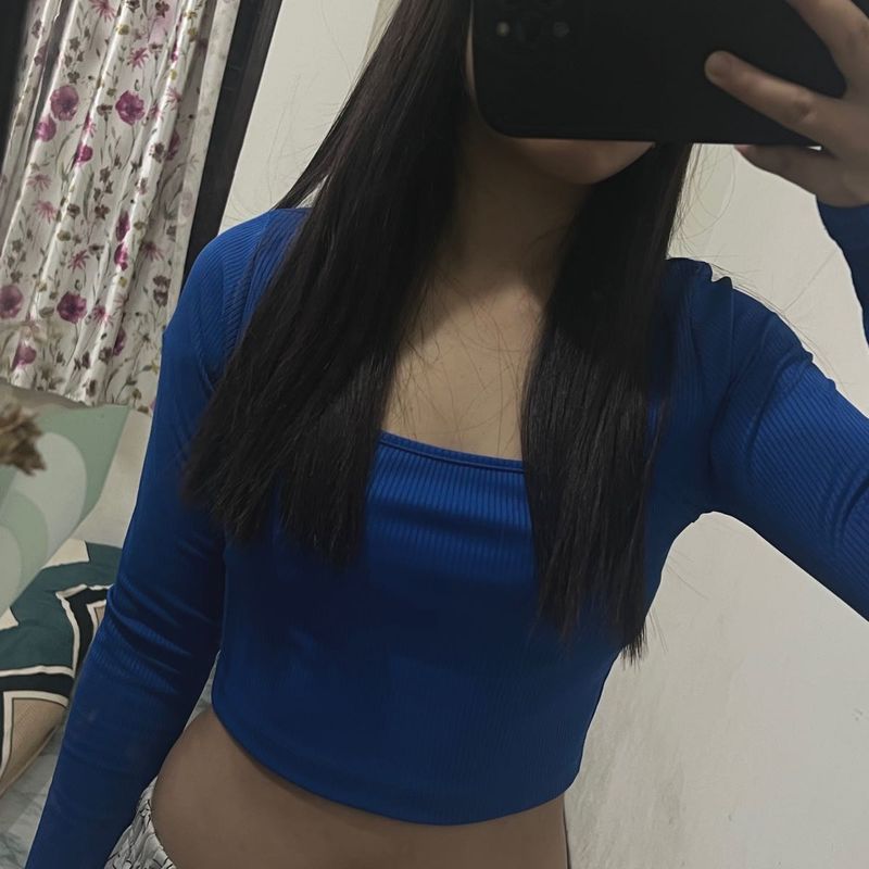 Blue Ribbed Long Sleeve Crop Top
