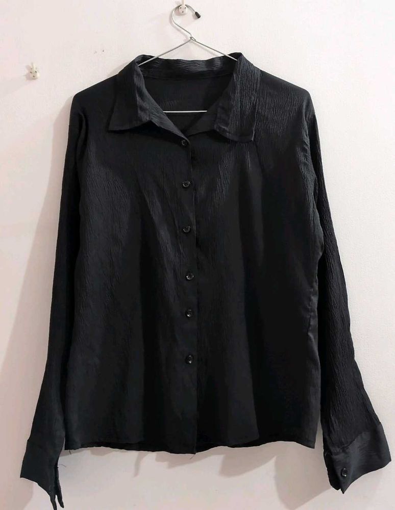 &#39;Black Crinkled Button-Up Oversized Shirt&#39;