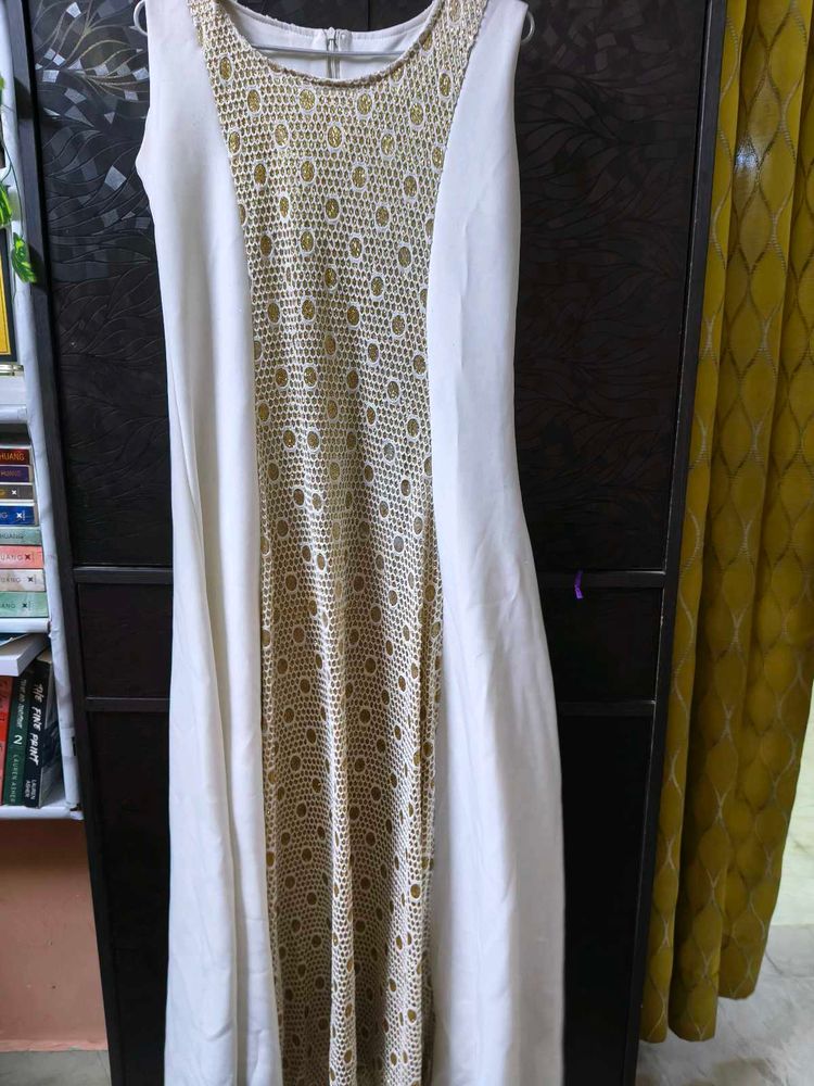 Elegant White &amp; Gold Embellished Maxi Dress