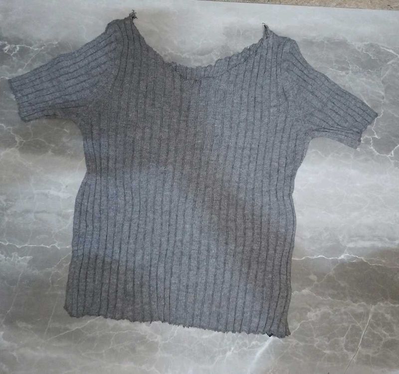 Gray Ribbed Knit Top