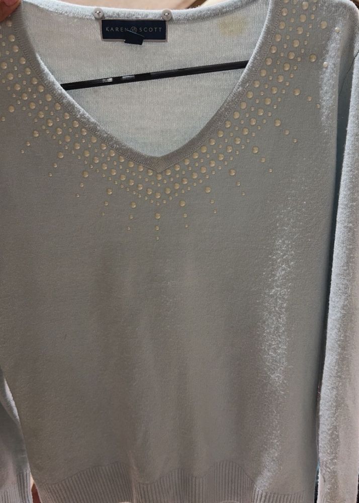 Blue Sweater With Pearl Design On Neck