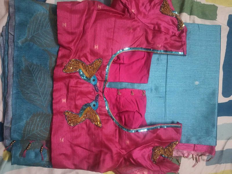 Pink &amp; Blue Saree And (Stitched Embroidery Blouse