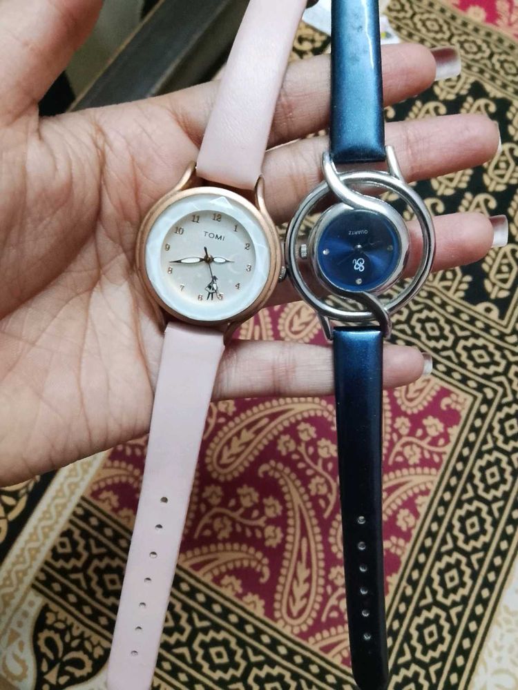 Two Hand Watch Pink And Dark Blue Colour