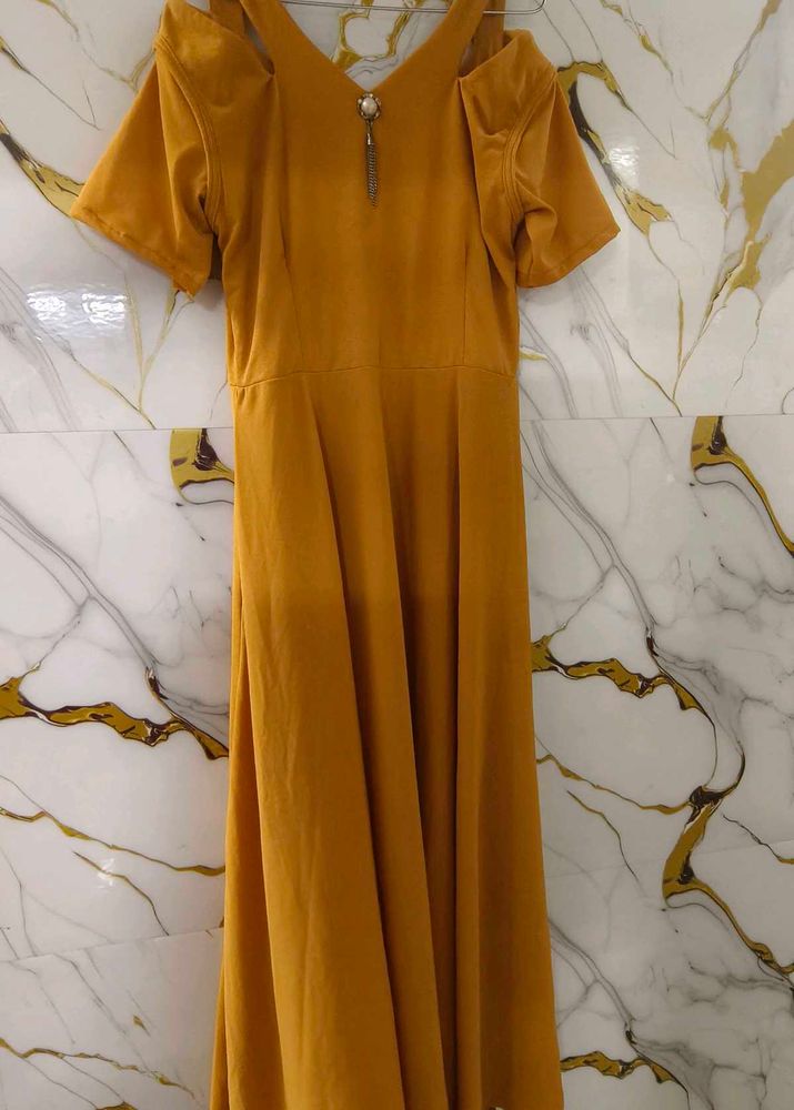 Mustard Cold Shoulder Midi Dress