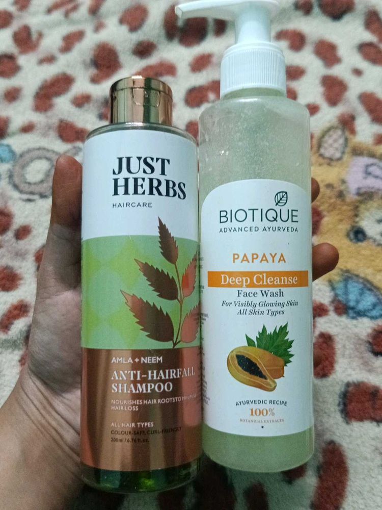 Biotique Facewash + Just herbs Shampoo Combo