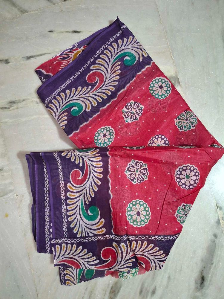 Pink &amp; Purple Cotton Print Saree (New)