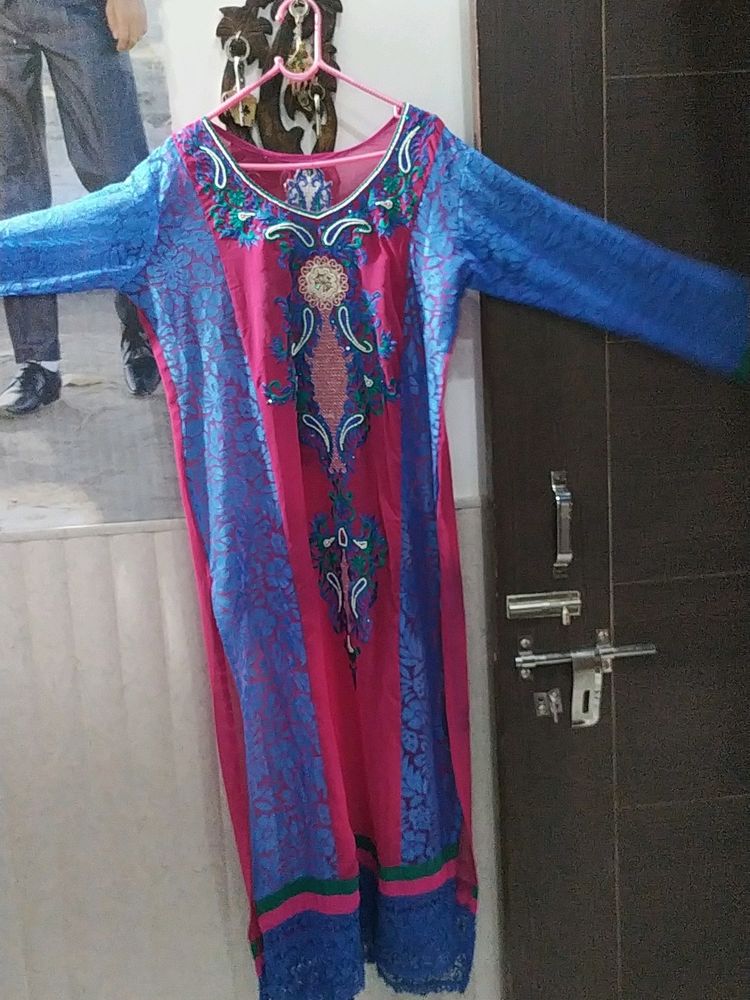Beautiful Embroidery Work Net Kurta With Inner (38 Bust) Length- 49 Inches- Front &amp; Back Both Side Embroidery Work