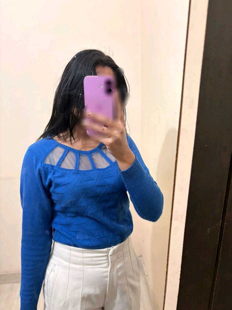 Blue Knit Top with Mesh Detail