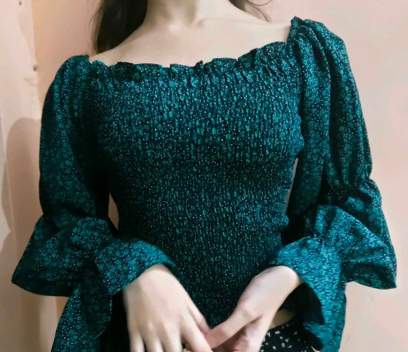 Green Floral Smocked Top
